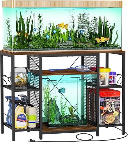 Snughome Fish Tank Stand, 40 Gallon Aquarium Stands with Charging Station, Adjustable Fish Tank Stand with Removable LED Light, Heavy Duty Metal Aquarium Stands with Storage, 43.3" x 17.72" x 31.1", Rustic Brown in Kuwait