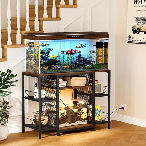 Snughome Fish Tank Stand, 40 Gallon Aquarium Stands with Charging Station, Adjustable Fish Tank Stand with Removable LED Light, Heavy Duty Metal Aquarium Stands with Storage, 43.3" x 17.72" x 31.1", Rustic Brown in Kuwait