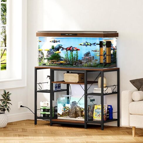 Snughome Fish Tank Stand, 40 Gallon Aquarium Stands with Charging Station, Adjustable Fish Tank Stand with Removable LED Light, Heavy Duty Metal Aquarium Stands with Storage, 43.3" x 17.72" x 31.1", Rustic Brown in Kuwait
