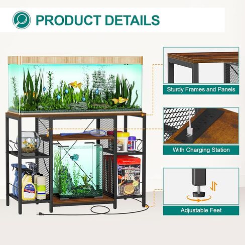 Snughome Fish Tank Stand, 40 Gallon Aquarium Stands with Charging Station, Adjustable Fish Tank Stand with Removable LED Light, Heavy Duty Metal Aquarium Stands with Storage, 43.3" x 17.72" x 31.1", Rustic Brown in Kuwait