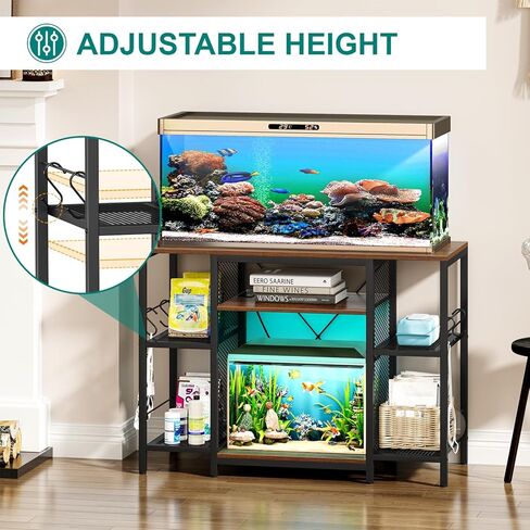 Snughome Fish Tank Stand, 40 Gallon Aquarium Stands with Charging Station, Adjustable Fish Tank Stand with Removable LED Light, Heavy Duty Metal Aquarium Stands with Storage, 43.3" x 17.72" x 31.1", Rustic Brown in Kuwait