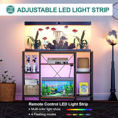 Snughome Fish Tank Stand, 40 Gallon Aquarium Stands with Charging Station, Adjustable Fish Tank Stand with Removable LED Light, Heavy Duty Metal Aquarium Stands with Storage, 43.3" x 17.72" x 31.1", Rustic Brown in Kuwait