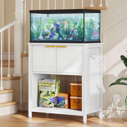 DWVO 20-29 Gallon Aquarium Stand with Power Outlets, Cabinet for Fish Tank Accessories Storage - Metal Frame Fish Tank Stand Suitable for Turtle Tank, Reptile Terrarium, 350LBS Capacity, White in Saudi Arabia