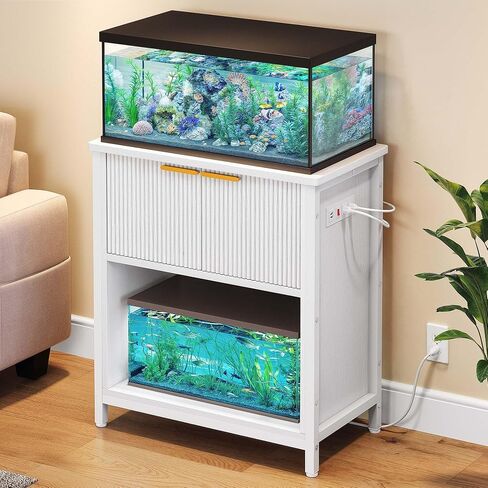 DWVO 20-29 Gallon Aquarium Stand with Power Outlets, Cabinet for Fish Tank Accessories Storage - Metal Frame Fish Tank Stand Suitable for Turtle Tank, Reptile Terrarium, 350LBS Capacity, White in Saudi Arabia