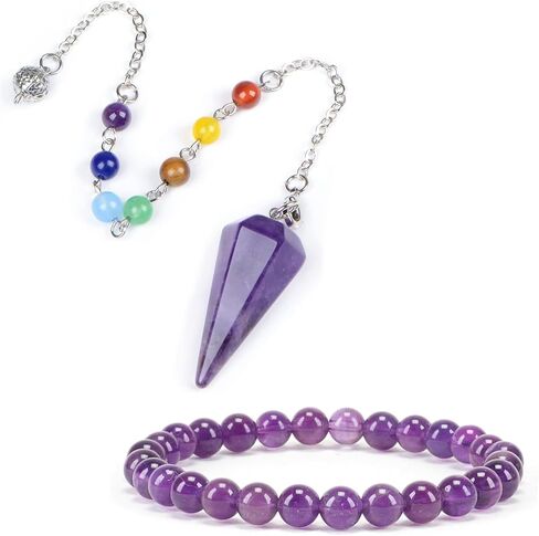 7 Chakra Reiki Healing Crystal Stone Hexagonal Point Pendant and Bracelet setting Pendulum for Reiki Wicca Dowsing Balancing Spiritual Natural Gemstone (Hexagonal Point(18mmx36mm), Amethyst) in Saudi Arabia