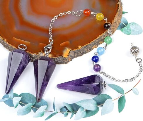 7 Chakra Reiki Healing Crystal Stone Hexagonal Point Pendant and Bracelet setting Pendulum for Reiki Wicca Dowsing Balancing Spiritual Natural Gemstone (Hexagonal Point(18mmx36mm), Amethyst) in Saudi Arabia