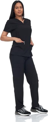 Scrub Set Top and Pants with 4 Pockets Stretch Fabric Lightweight Nurse Uniform Set for Home Attendant in Kuwait