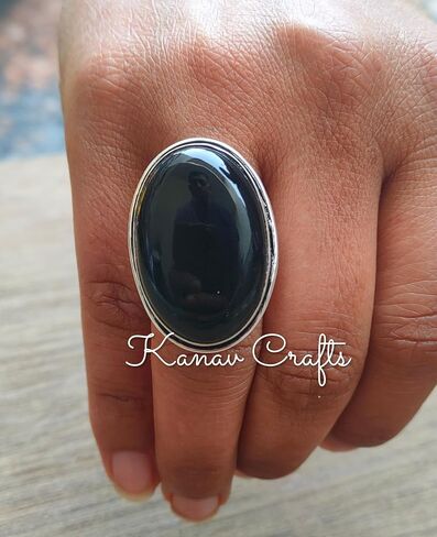Natural Black Onyx Ring| Oval Stone Ring| Handmade Ring| Split Band Ring| Boho Ring| Statement Ring| Cabochon Ring| Black Gemstone Ring| Big Stone Ring| Trending Ring| Black Onyx Jewelry (9) in Saudi Arabia