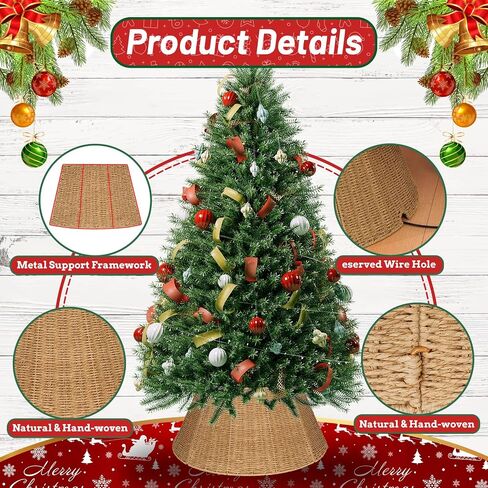Christmas Tree Collar, Handmade Tree Collar, 24in Woven Rustic Christmas Tree Basket Base, 4-Pieces Natural Woven Tree Ring, Adjustable Tree Skirt for Christmas Trees Decoration in Saudi Arabia