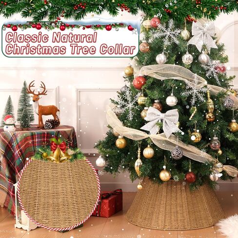 Christmas Tree Collar, Handmade Tree Collar, 24in Woven Rustic Christmas Tree Basket Base, 4-Pieces Natural Woven Tree Ring, Adjustable Tree Skirt for Christmas Trees Decoration in Saudi Arabia