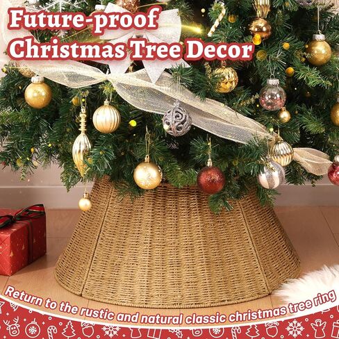Christmas Tree Collar, Handmade Tree Collar, 24in Woven Rustic Christmas Tree Basket Base, 4-Pieces Natural Woven Tree Ring, Adjustable Tree Skirt for Christmas Trees Decoration in Saudi Arabia