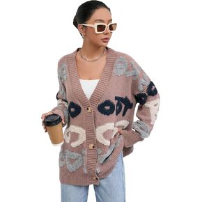 WDIRARA Women's Letter Print Button Open Front V Neck Long Sleeve Cardigan Knit Sweater