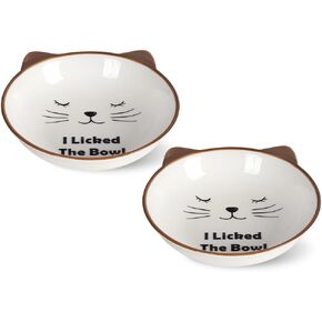 HAPPY KIT 2pcs Cat Food Bowls Set,8.5oz Colorful Cats Ceramic Dish/Dishes lndoor for Relief Whisker Friendly,5.7inch Wide Shallow Plate with Non-Slip Mat