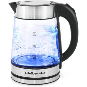 Elite Gourmet EKT-1271 Ultimate 1.7 Liter Electric Kettle – Stainless Steel Design & Cordless 360° Base, Stylish Blue LED Interior, Handy Auto Shut-Off Function – Quickly Boil Water For Tea & More
