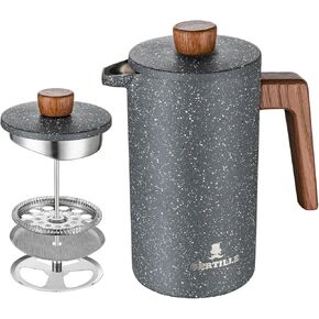 BERTILLE french press coffee maker, 34OZ 304 food stainless steel French press coffee maker with solid wood handle, double-layer insulation and 3-layer filtration system (starry sky gray)