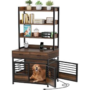 DWVO Dog Crate Furniture with Storage Shelves, Heavy Duty Dog Crate with Drawers & Charging Station, 32 Inch Dog Kennel Indoor Furniture for Medium Dogs, Modern Dog Crate with Double Doors, Brown
