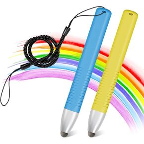 2pcs Kid-Friendly Stylus Pens for Touch Screens, Tablet Stylus Pen with Spring Cord Universal Touch Screen Capacitive Crayon Stylus Blue Yellow