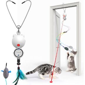Interactive Cat Toys LED Light Hanging Cat Toys for Indoor Cats, Cat Wand Toy Cat Feather Toy, Feather & Mouse Cat Toys for Bored Adult Cats Kitten Exercise, White