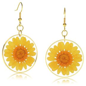 Marigold Pressed Wildflower Earrings October Birth Month Flower Earrings Personalized Handmade Earrings Unique Drop Dangle Earrings Dry Flower Earrings Handmade Pressed Flower Pendant Earrings