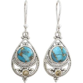 NOVICA Handmade Dangle Earrings | Citrine Jewelry | Artisan Sterling Silver | Turquoise Stone | Birthstone | Long French Hook Wire | Hypoallergenic Drop | Jade Dangle | Dimensions 1.6"L x 0.7"W x