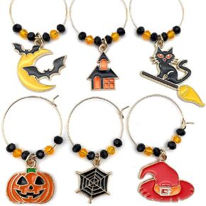 Halloween Wine Glass Charms, Spooky Glass Identifiers, Hunted Mansion, Witch Hat, Bats, Spider Web, Jack O’Lanterns and Black Cat, Set of 6