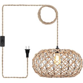 Coastal Large Woven Plug in Pendant Light with 14ft Handmade Woven Light Cord, Rustic Handmade Hemp Rope Hanging Lamp for Bedroom Kitchen Island Farmhouse Dining Room Living Room,17.8 inch Width