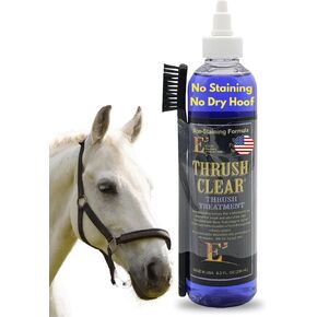 E3 Thrush Clear for Horses - 8oz - Non-Staining Quick Acting Formula. Horse Thrush Treatment. Hoof Hardener. Applicator Brush Included.