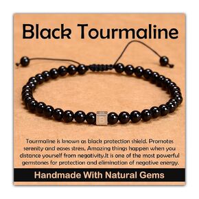 4mm Black Tourmaline - Super Protection - Handmade Initial Letter Braided Bracelet for Healing Power Energy Adult Unisex (S)
