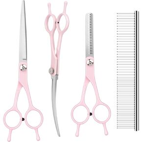 Dog Cat Grooming Scissors Kit,Pet Grooming scissors Set,Dog Scissors for Grooming,Incude Thinning,Straight,Curved Grooming Scissors and Comb for dogs, cats.