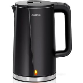 Aigostar Electric Kettle, 1.7L Double Wall 304 Stainless Steel Interior Hot Water Boiler Heater, 1500W Fast Boiling, Cool Touch Electric Tea Kettle, Auto Shut-Off, Boil Dry Protection, BPA-Free, Black