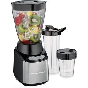 Hamilton Beach Stay or Go Blender with 32oz Jar, 8oz Grinder for Nuts & Spices, and 2 Portable Cups with Drinking Lids for Shakes and Smoothies, BPA Free, Black and Silver (52400)