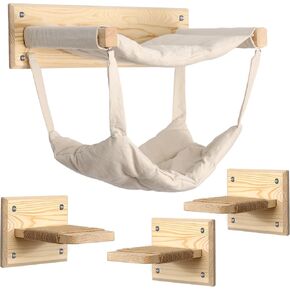 Luxury Wooden Cat Furniture with Double Hammock & Steps | Stylish Modern Cat Hammock | Multi-Level cat Wall Furniture with Sisal | Premium cat Bed | cat Shelves for Wall | Wall Mounted cat Furniture