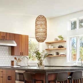 Rattan Pendant Light 1 Lampshade Boho Round Wicker Chandelier for Kitchen Island Living Room Dining Room Restaurant Coffee, 19.7''x18.1''