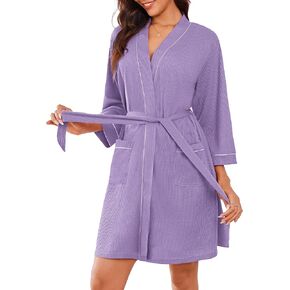 Ekouaer Women Robes Waffle Knee Length Bathrobe Lightweight Soft Sleepwear V neck 3/4 Sleeve Casual Ladies Loungewear S-XXL