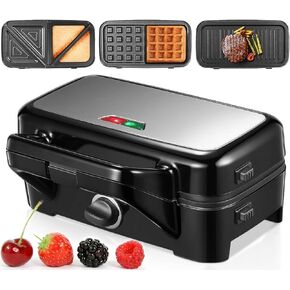 HOUSNAT 3 in 1 Sandwich Maker, Waffle Maker with Removable Plates, 1200W Panini Press with Interchangeable Non-Stick Plates, Indicator Lights, 5-gear Temperature Control, Silver/Black