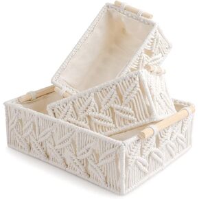 ANMINY 5PCS Macrame Storage Baskets for Organizing Boho Decor Baskets Storage Bins with Wood Handles Handmade Decorative Storage Boxes with Removable Liner Toilet Tank Bathroom Self Basket Organizer