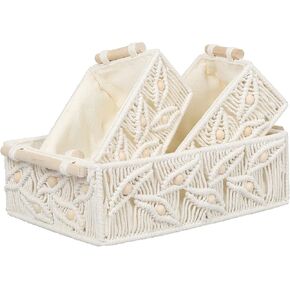 ANMINY 5PCS Macrame Storage Baskets for Organizing Boho Decor Baskets Storage Bins with Wood Handles Handmade Decorative Storage Boxes with Removable Liner Toilet Tank Bathroom Self Basket Organizer