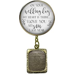 Groom's Boutonniere Pin Mom or Dad Remembrance On Your Wedding Day My Son Memorial Photo Charm for Lapel Silver Jewelry - Handmade Pendant Parent Memory Picture Frame Men's Brooch - Card & Gift Box