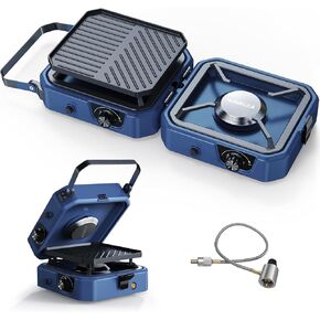 Upgraded WINKIZA 2 Burner Propane Camping Stove with Grill, Foldable Camp Stove with 16,000 BTU, Two Adjustable Burners with Piezo Ignition & Easy Carrying Handle, Portable Stove for Camping, BBQ