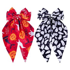 Halloween Hair Bows for Women & Girls,Silky Satin Pumpkin Ghost Bat Spider Web Print Hair Bow Clips, Handmade Bows with Long Tail Hair Barrettes Fun Hair Accessories for Halloween Party