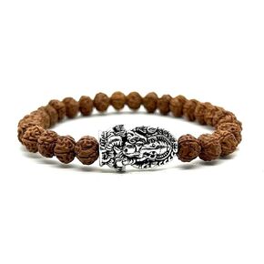 سوار قابل للتمدد من خرز Rudraksha - خرز Chikna Rudraksh الحقيقي 8 مم - مع God Ganesha Ganesh Ganpati - مقاس المعصم 7.5 بوصة