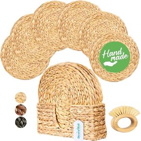 DecoraWell Round Woven Placemats Set of 6 with Bamboo Brush, Handmade, Wicker Placemats with Holder, Rattan Chargers for Dinner Plates, Rustic, Boho Placemats (Round Black, 11.8 in)