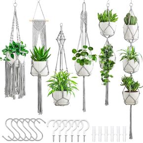 Macrame Plant Hangers, 6Pack Hanging Planters for Indoor Plants w/ 6 Set Hangers Kit Handmade Macromay Plant Hangers Indoor Flower Pots Holder Stand for Boho Home Décor