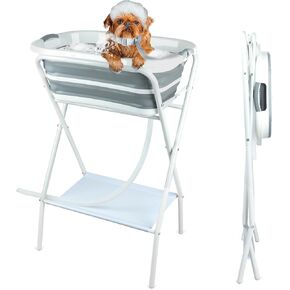 FHTONGE Elevated Dog Bathtub Grooming Station with Drain Adjustable Collar, Collapsible Dog Grooming Bathtub 2 in 1 Portable Dog Washing Station, Pet Tub for Small Medium Dog Cat Shower Grooming
