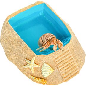 REPTIZOO Hermit Crab Water Bowl with Climbing Ramp, Resin Hermit Crab Water Food Dish and Bathing Pool Beach Style Reptile Ramp Bow Basking Platform for Turtles, Lizard, Frog, Gecko