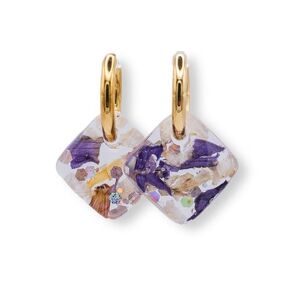 Geometric Pressed Flower Resin Charm Gold 14mm Hoop Earrings - Real Pink and Purple Flower Petals with Sparkles and Glitter - Trendy Earrings for Women