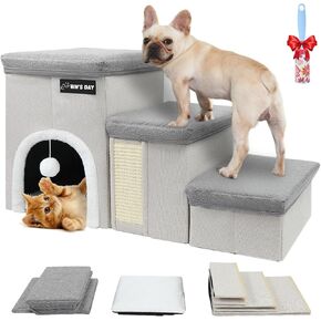 Dog Stairs for Bed Couch Folding with Storage,Dog Stairs for Small Dogs to Get On Bed with Cat Condo,Dog Steps for Large Medium Dogs, Old Cat Pet Stair Steps for High Bed 17.2" H,Dog Ramp Up to 220LBS