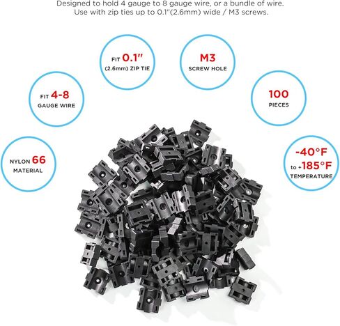Recoil ZTM19 100 قطعة من وحدات تثبيت الكابل بسحاب، فتحات مزدوجة، مقاس 3/4 بوصة × 3/4 بوصة لسلك من 4 إلى 8 قياسات مع قاعدة مرساة لولبية، منظمات تثبيت سلك كابل معيارية لإدارة الكابلات، أسود in Kuwait