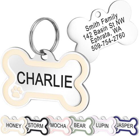 GoTags Stainless Steel Bone-Shaped Pet ID Tags with Color Paw Design, Personalized Dog and Cat Tags, Custom Engraving with up to 5 Lines of Text on Both Sides (Ivory, Small) in Saudi Arabia