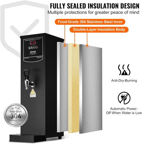 VEVOR Hot Water Dispenser, Commercial Water Boiler 1500W with 316 Stainless Steel Heating Tube, 50L/H Step-by-step Fast Heating Electric Water Warmer for Coffee Tea Restaurant Office, 15L in Saudi Arabia